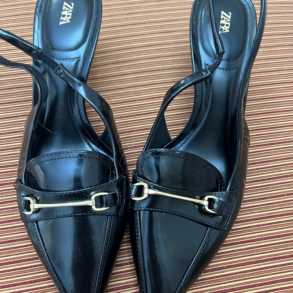 Zara Black Patent Slingback Heels with Gold Bar Accent